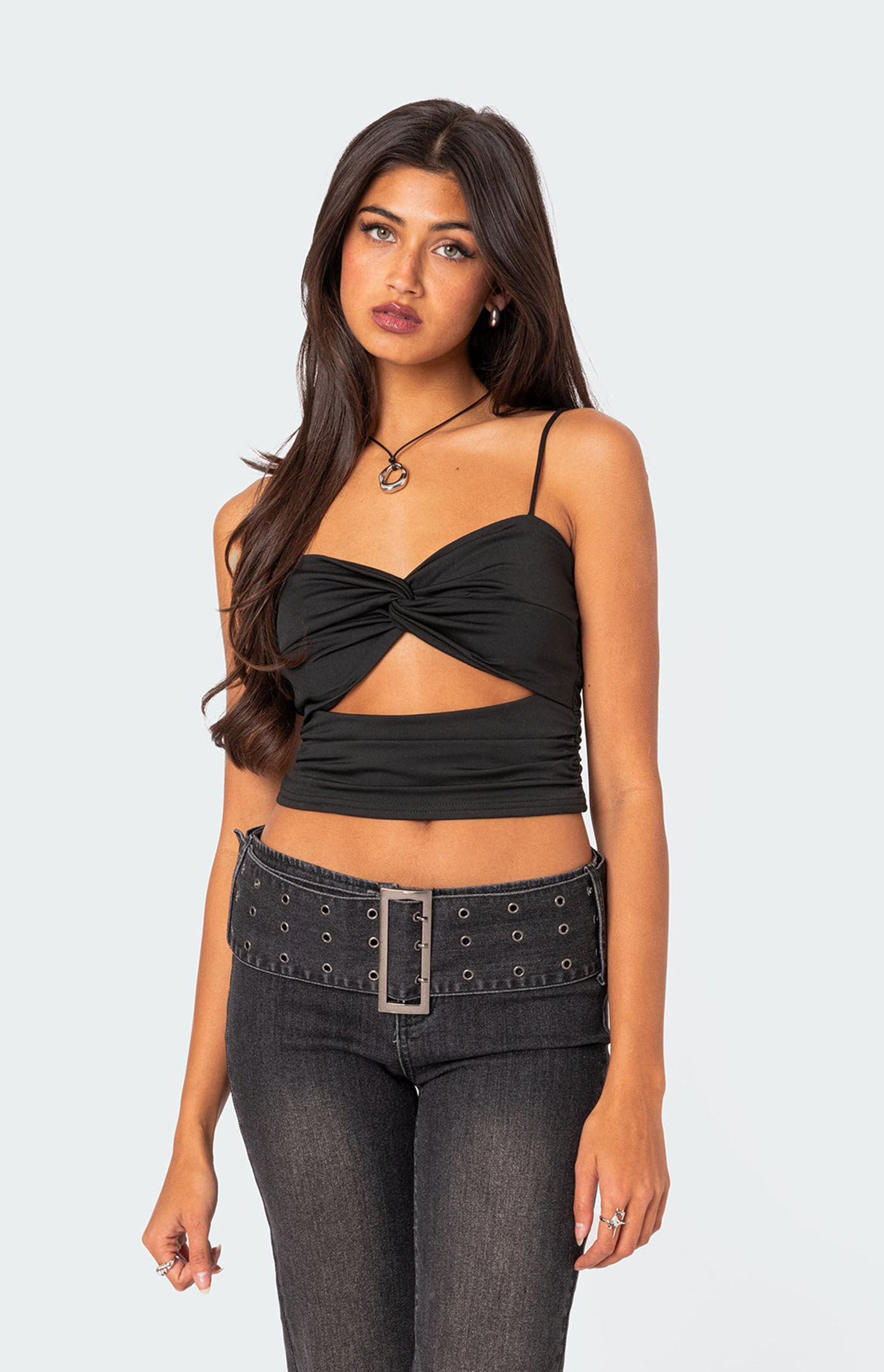 Edikted Twist Front Gathered Cutout Tank Top