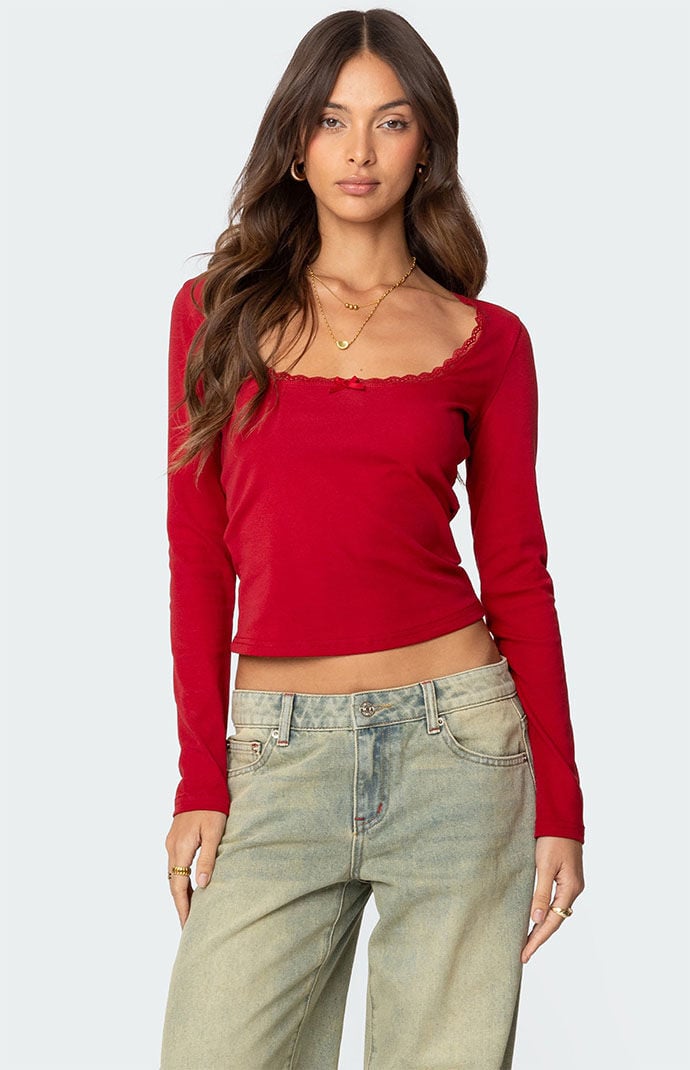 Edikted Mora Lace Trim Ribbed T-Shirt