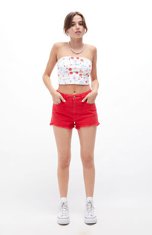 Eco Red High Waisted Denim Festival Shorts image number 4