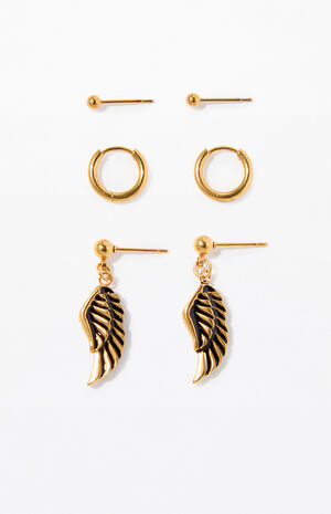 3 Pack Gold Angel Wing Earrings image number 1