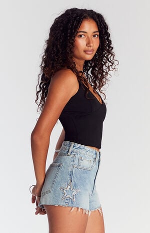 Rhinestone Star High Waisted Denim Festival Shorts image number 3