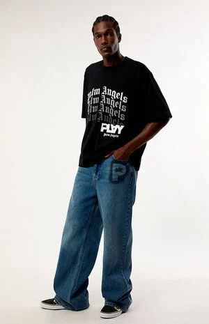 Medium Blue Graffiti Logo Baggy Wide Leg Jeans image number 1