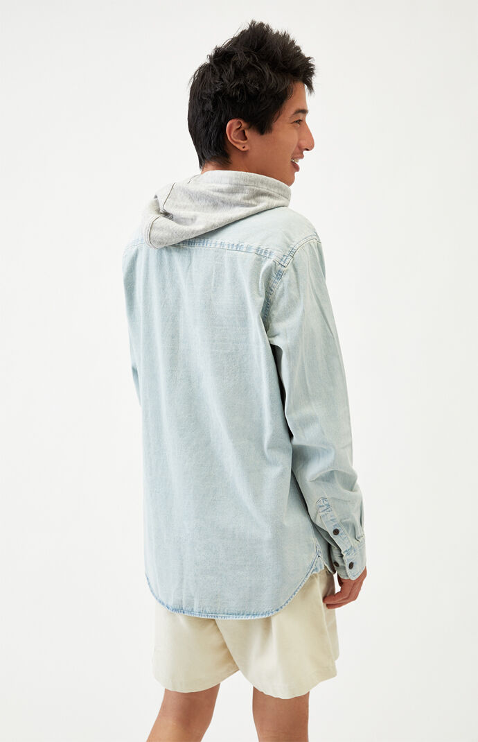 Hooded Denim Long Sleeve Button Up Shirt