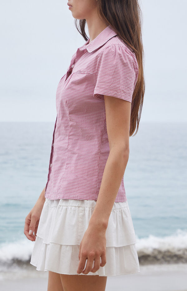 John Galt Red Gingham Teagan Collared Top