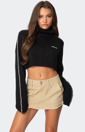 Embroidered Edge Cropped Turtle Neck Sweater image number 1