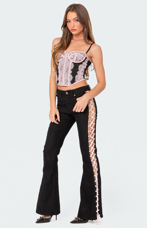 Satin Lace Up Flare Jeans image number 5