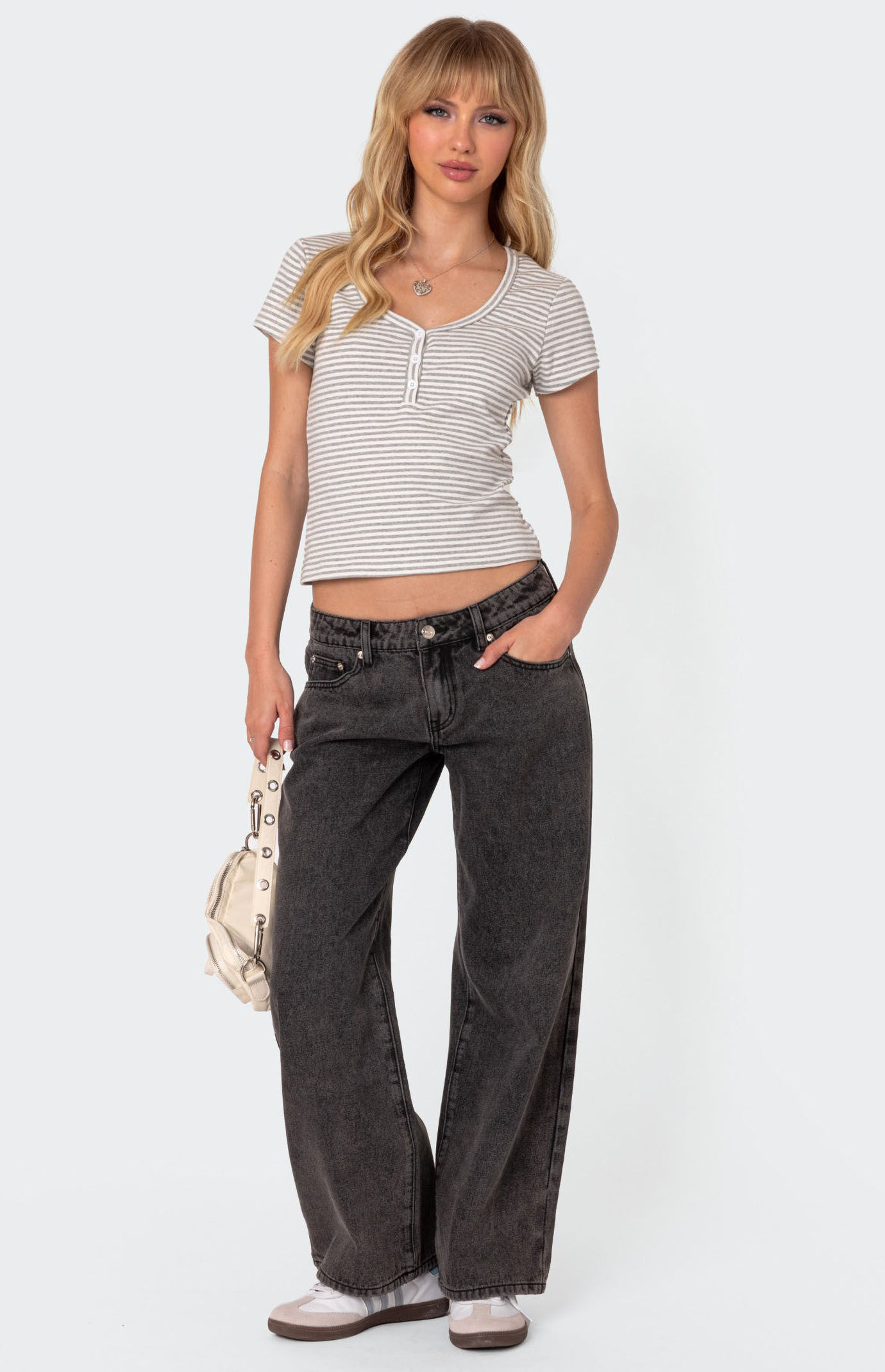 ★XTONZ★ XTT133 Curve Stripe Henley Neck T-Shirt MOCHA XTT133 Curve Stripe Henley Neck T-Shirt (CHARCOAL) - XTONZ