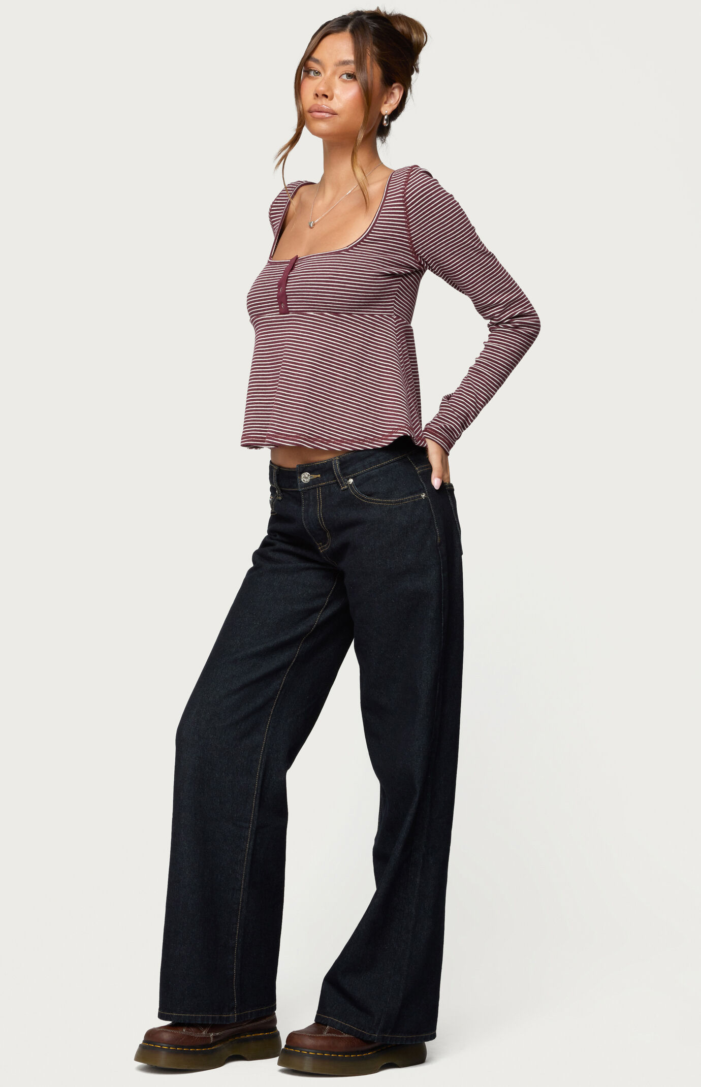 Edikted Sare Striped Babydoll Henley Top