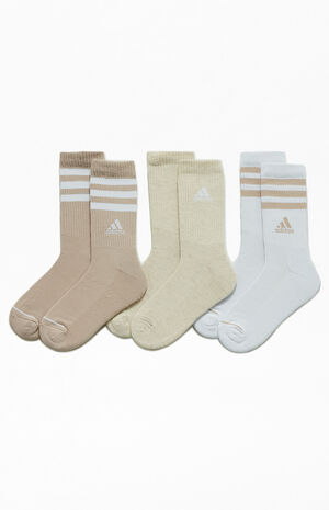 3 Pack Beige Cushion 3-Stripes Crew Socks image number 1