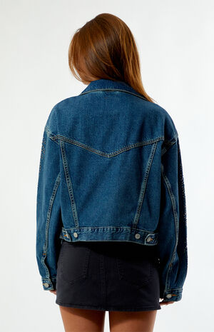Medium Indigo Rhinestone Shrunken '90s Cropped Denim Jacket image number 4