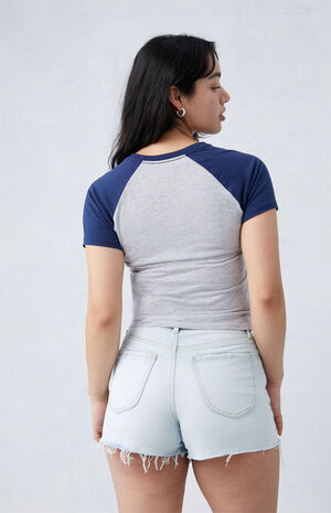 Eco Stretch Light Indigo Ripped Curve High Waisted Denim Festival Shorts image number 3