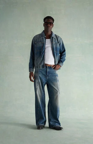 Tinted Medium Blue Studded Extreme Baggy Jeans image number 1