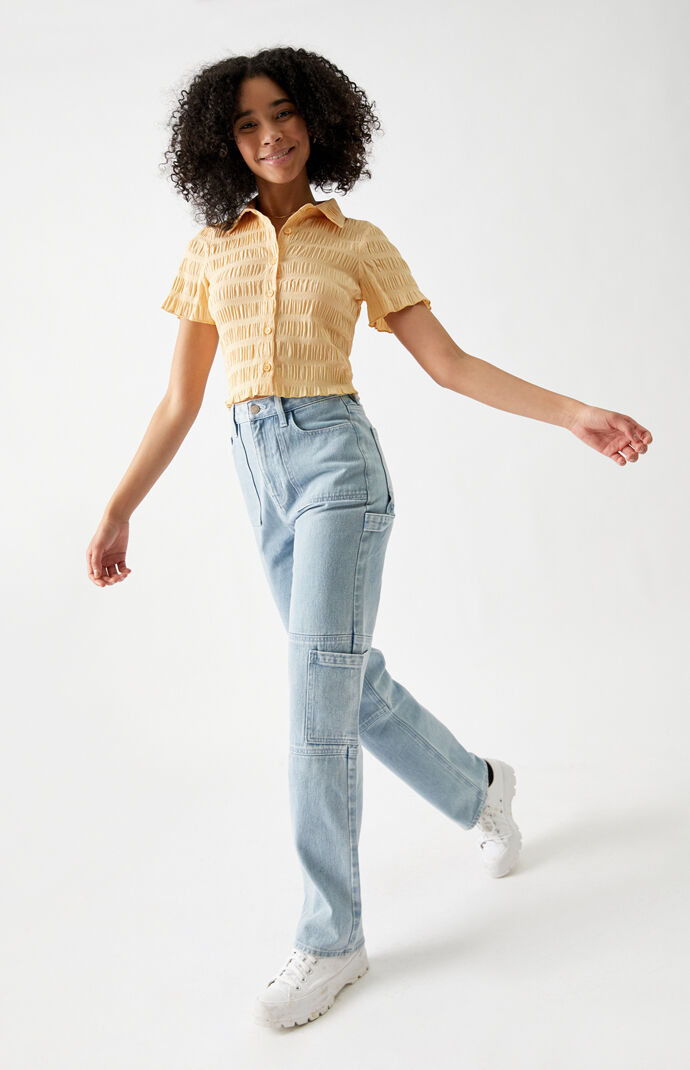 Shirred Smocked Button Down Shirt