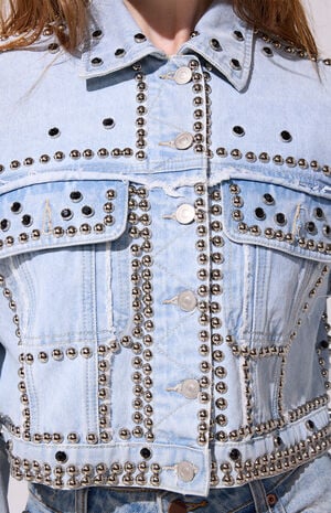 Jazella Light Blue Studded Cropped Denim Jacket image number 5