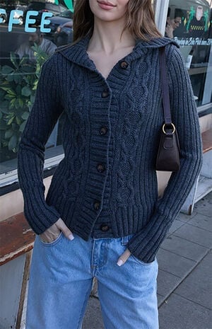 Gray Cable Knit Hooded Cardigan image number 1