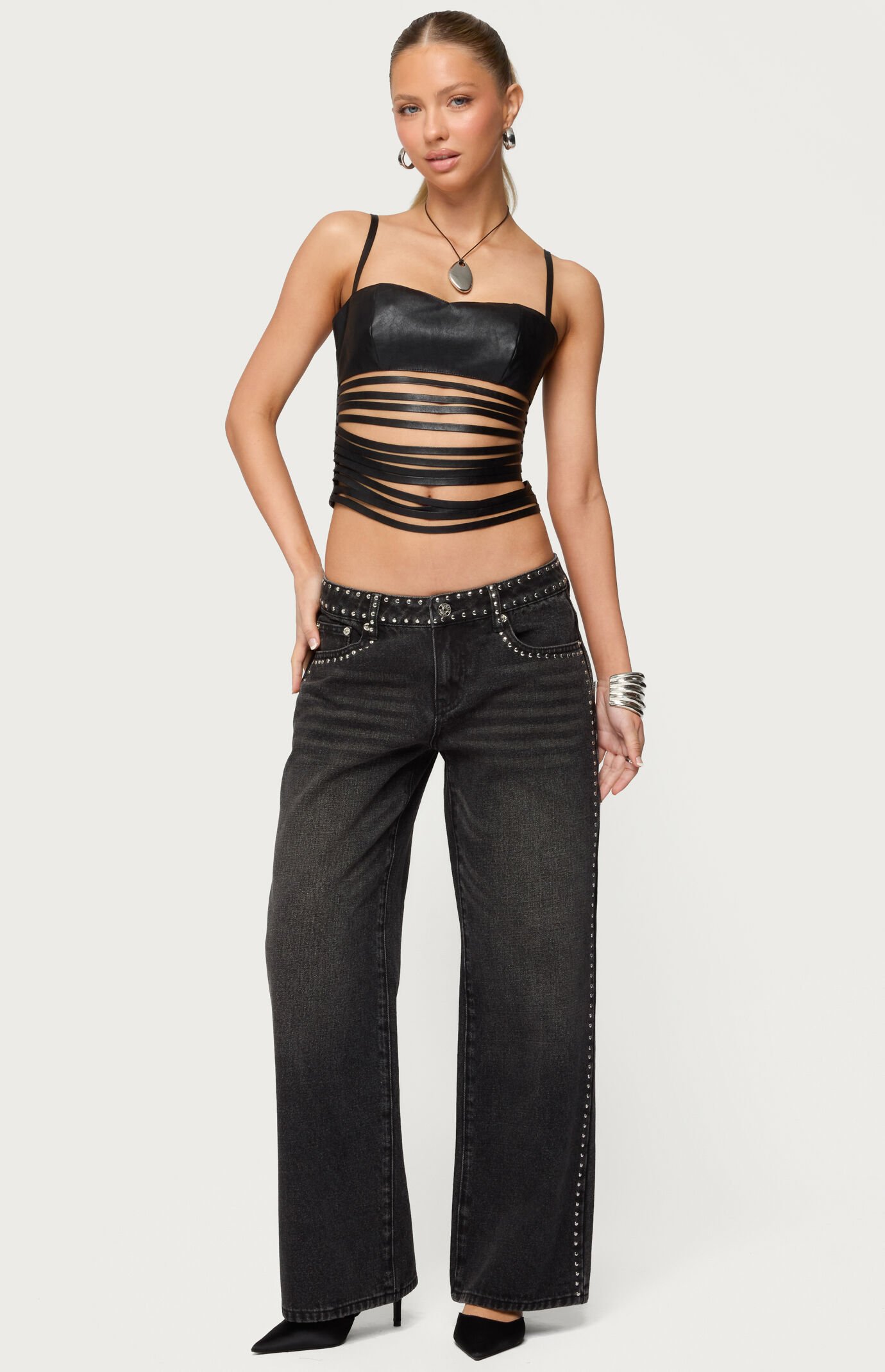 Edikted Nia Cutout Shredded Faux Leather Top