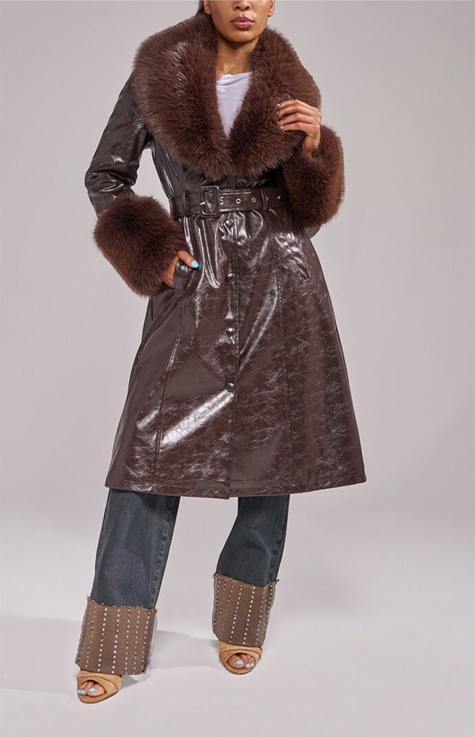 AZALEA WANG Kaya Espresso Long Faux Fur Jacket | Pacsun