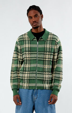 Green Plaid Collared Sweater Jacket image number 1