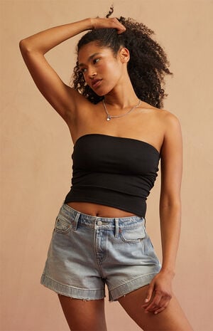 Light Blue A-Line Denim Mom Shorts image number 3