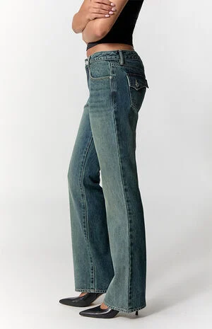 Jade Low Rise Bootcut Jeans Button Pocket Dark Blue image number 3