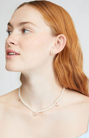 Pearl Butterfly Earrings & Necklace Bundle image number 2