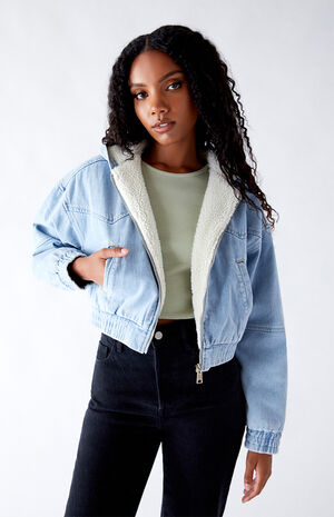 Light Indigo Hooded Sherpa Cropped Jacket Light Indigo Hooded Sherpa Cropped Jacket image number null