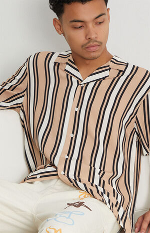 Tan Stripe Woven Camp Shirt image number 2