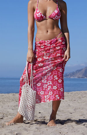 Pink Floral Destination Mesh Midi Skirt image number 3