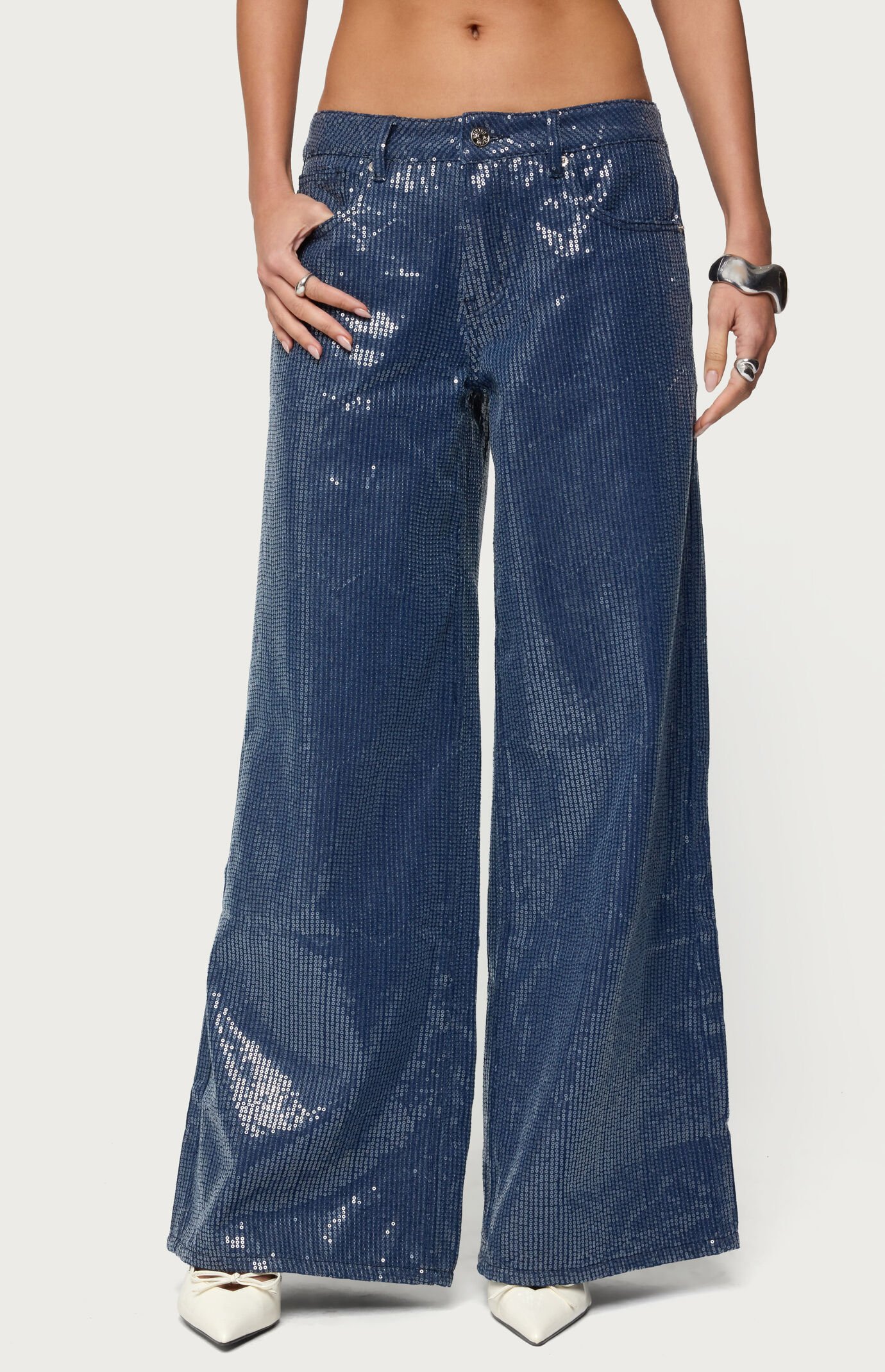 Edikted Mirella Sequin Low Rise Baggy Jeans