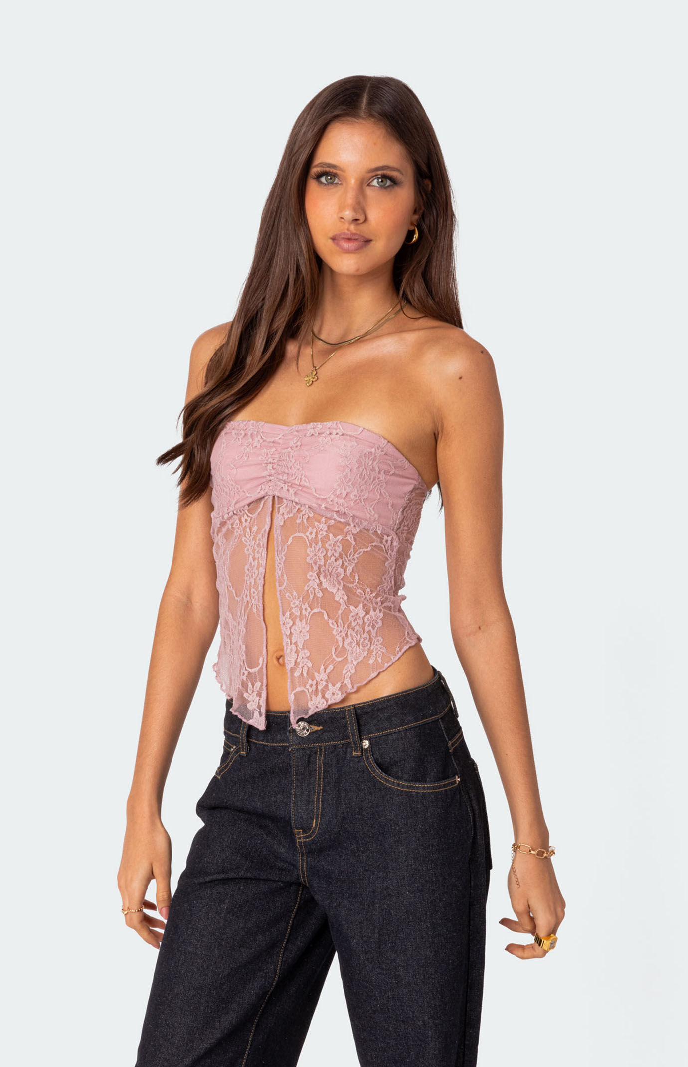 Edikted Twilight Sheer Lace Split Front Top | PacSun