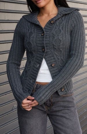 Gray Cable Knit Hooded Cardigan image number 1