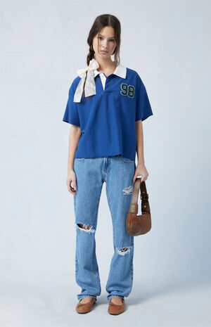 Eco Medium Indigo Ripped Low Rise Straight Leg Jeans image number 2