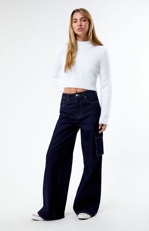 Eco Dark Indigo High Waisted Wide Leg Cargo Jeans image number 2