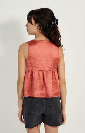 Peach Satin Button Front Tank Top image number 4