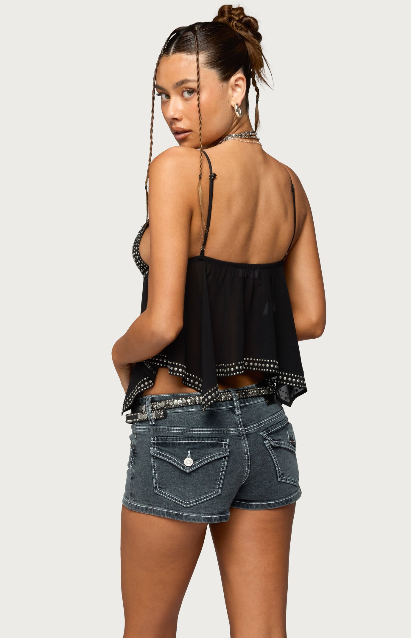 Edikted Studded Asymmetric Sheer Babydoll Top