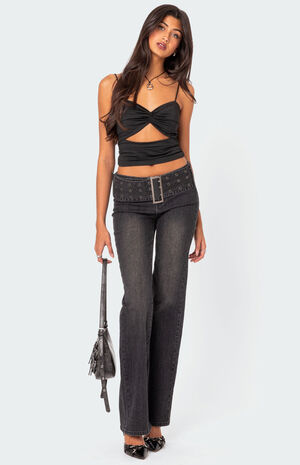 Buckle Belt Washed Flare Jeans image number 5