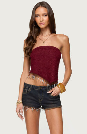 Textured Asymmetric Bead Fringe Strapless Top image number 1