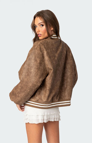 Washed Faux Leather Bomber Jacket image number 4