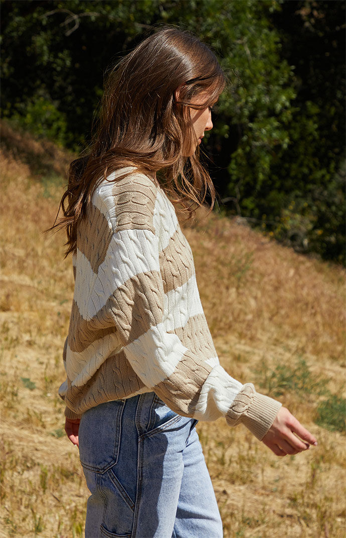 John Galt White Tan Striped Nikki V Neck Cable Knit Sweater PacSun