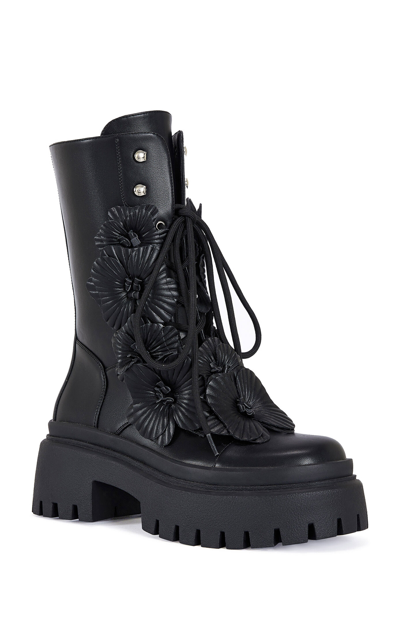 AZALEA WANG Women's Devoir Black 3D Flower Combat Boots