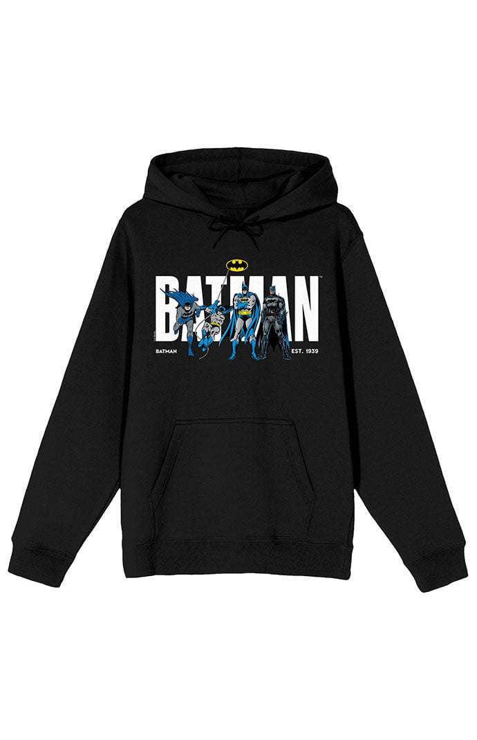 Batman 90th Anniversary Retro Character Poses Long Sleeve Adult Black Hooded Sweatshirt XL