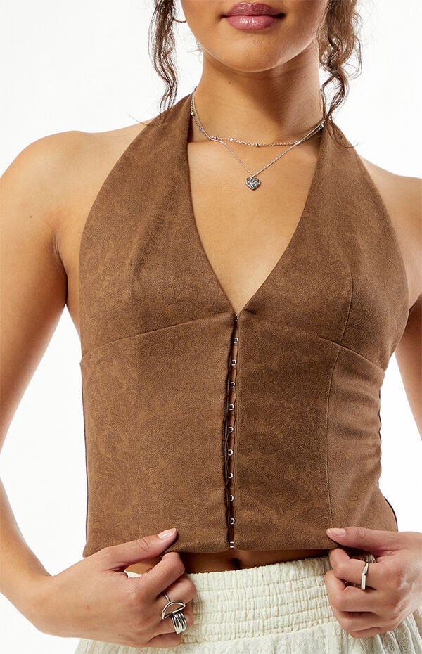 Your Favorite Paisley Faux Suede Hook-And-Eye Halter Top