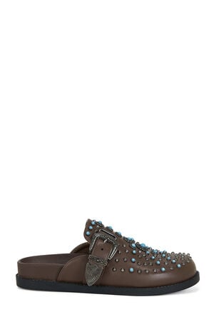 Women's Brown Flair Faux Leather Turquoise Mules image number 1