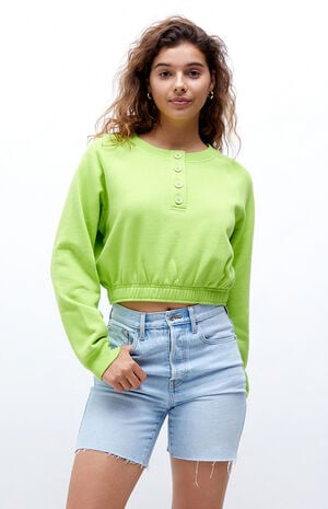 Cropped Cinched Henley Sweatshirt image number 1