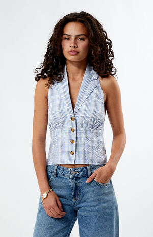 Plaid Button Up Halter Top image number 1