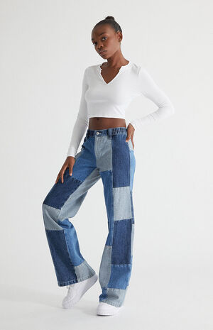 Medium Blue&nbsp;Patchwork Low Rise Puddle Cargo Pants image number 2