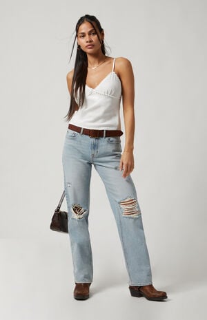 Jordyn Ripped Knee Low Rise Straight Leg Jeans Light Indigo