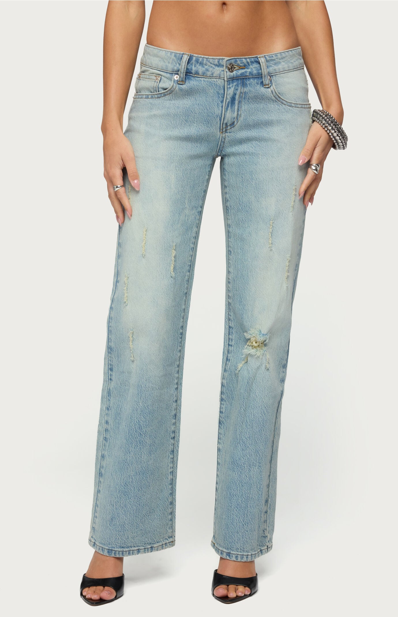 Edikted Lainie Distressed Low Rise Bootcut Jeans