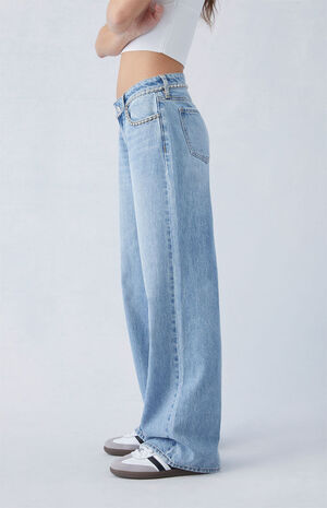 Light Indigo Rhinestone Low Rise Wide Leg Jeans image number 4