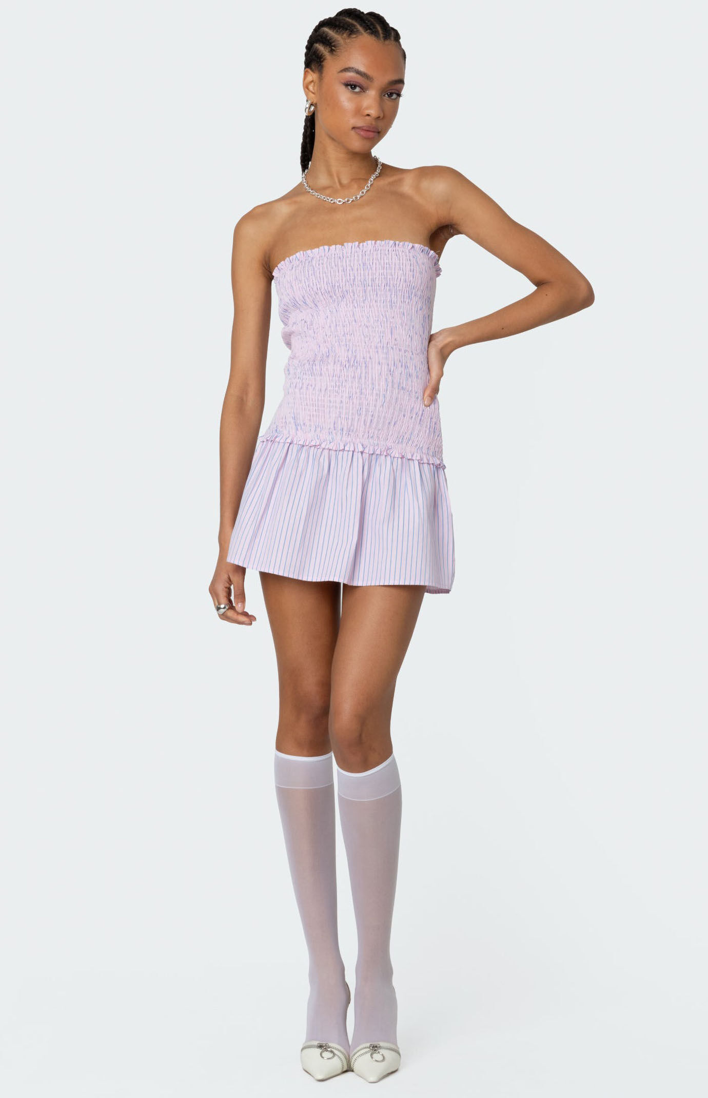 Edikted Striped Scrunch Strapless Mini Dress